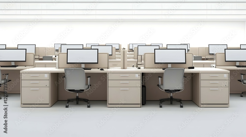 Modern Minimalist Office Workspace with Rows of Computers and Beige Desks Modern Minimalist Office Workspace with Rows of Computers and Beige Desks