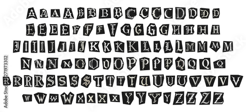 big set of cut-out english png alphabet from magazines on a transparent background, black and white gothic ransom style