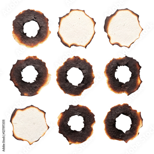 Nine Burnt Doughnuts, Stages of Burning, Isolated on Transparent Background, Food Texture, Doughnut, Burned, Texture photo