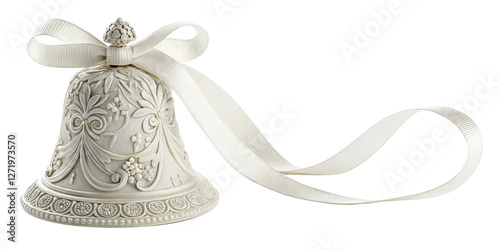 Ornate White Bell with Ribbon, Isolated on Transparent Background, Wedding Decor, Festive Ornament, 3D Render, Wedding, Ornament, Bell