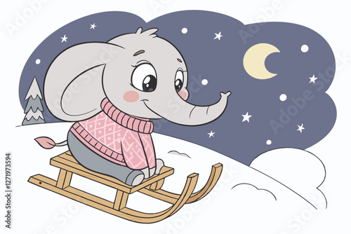  Cute cartoon baby elephant, big expressive eyes, pink knit sweater, sitting on wooden sled, snowy night scene, starry sky, moonlight, whimsical, adorable, 3D render, detailed textures, soft lightin photo