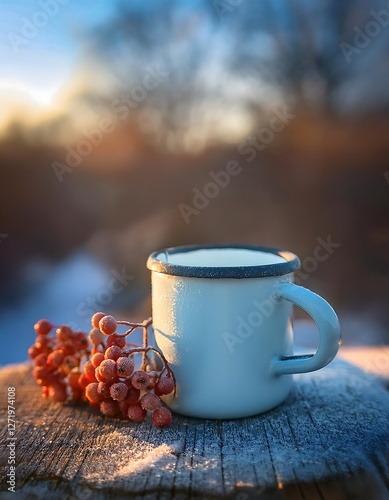Winter Morning with a Mug and Red Berries in Snow. Ai Generative