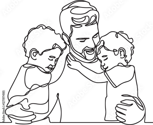 Warm Family Moment. Line Art of Dad Embracing Kids