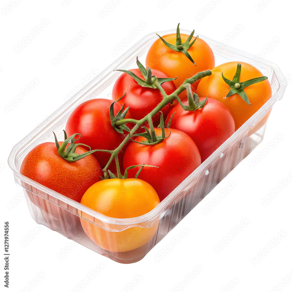 Tomatoes on the Vine in Plastic Container, Isolated on Transparent Background, Red and Yellow, Fresh Produce, Tomatoes, Produce, Food Tomatoes on the Vine in Plastic Container, Isolated on Transparent Background, Red and Yellow, Fresh Produce, Tomatoes, Produce, Food