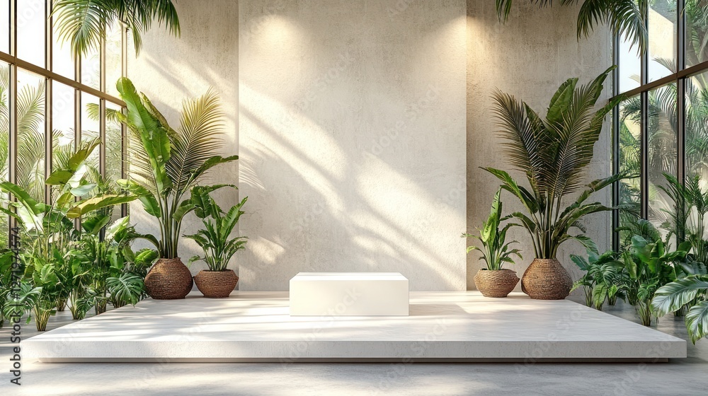 Empty Podium, Tropical Interior, Daylight, Display Empty Podium, Tropical Interior, Daylight, Display