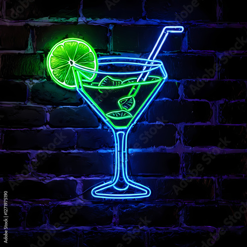 Vibrant neon sign of a cocktail drink with lime slice on a dark brick wall, perfect for nightlife and bar themes. 