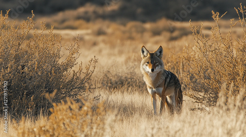 Coyote standing alert in a field of dry golden grass and brush, looking towards the viewer. Wildlife and nature are on display. photo