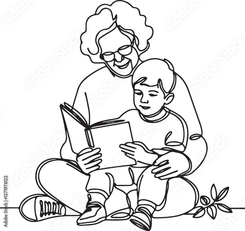 Grandmother and Grandson Enjoying a Storybook. Line Drawing Vector