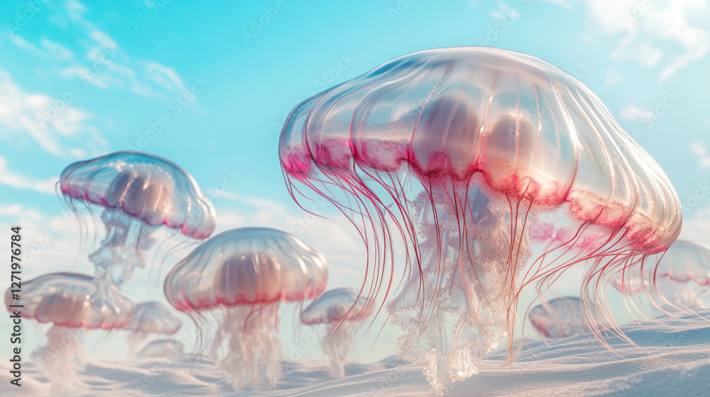 Fototapeta premium Vibrant Jellyfish Swarm in Mystical Underwater World: Marine Life and Biodiversity in Peaceful Ocean Ecosystem