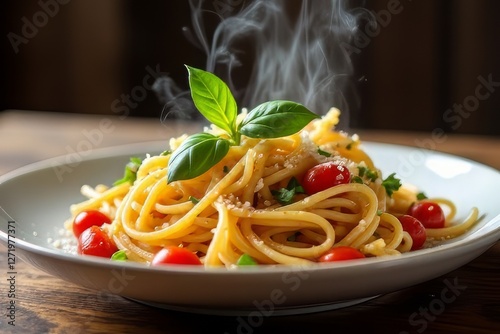 Wallpaper Mural "A delicious plate of gourmet pasta served with fresh basil, cherry tomatoes, and parmesan cheese, placed on a rustic wooden table. The soft, natural lighting enhances the texture and color of the dis Torontodigital.ca