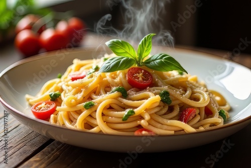 Wallpaper Mural "A delicious plate of gourmet pasta served with fresh basil, cherry tomatoes, and parmesan cheese, placed on a rustic wooden table. The soft, natural lighting enhances the texture and color of the dis Torontodigital.ca
