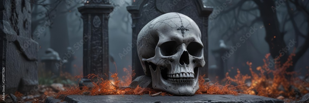Cobweb-covered tombstone with eerie skull at center, skull, tombstone Cobweb-covered tombstone with eerie skull at center, skull, tombstone