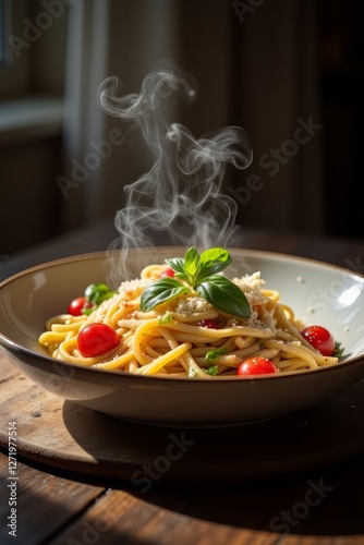 Wallpaper Mural "A delicious plate of gourmet pasta served with fresh basil, cherry tomatoes, and parmesan cheese, placed on a rustic wooden table. The soft, natural lighting enhances the texture and color of the dis Torontodigital.ca