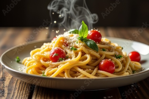 Wallpaper Mural "A delicious plate of gourmet pasta served with fresh basil, cherry tomatoes, and parmesan cheese, placed on a rustic wooden table. The soft, natural lighting enhances the texture and color of the dis Torontodigital.ca
