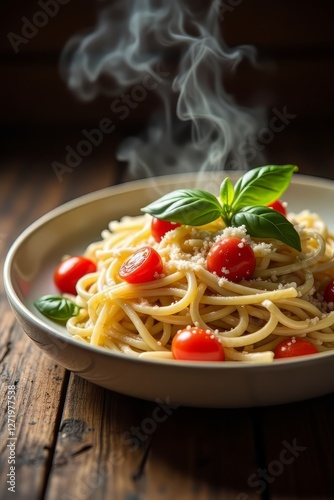 Wallpaper Mural "A delicious plate of gourmet pasta served with fresh basil, cherry tomatoes, and parmesan cheese, placed on a rustic wooden table. The soft, natural lighting enhances the texture and color of the dis Torontodigital.ca