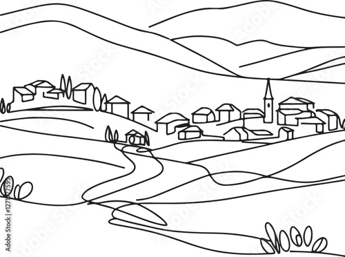 Peaceful Village Scene on a Hill. Line Drawing Vector