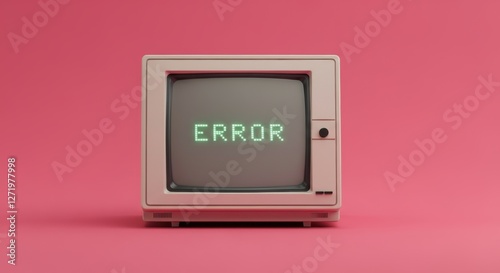 Retro computer monitor displays error message on pink background in modern design