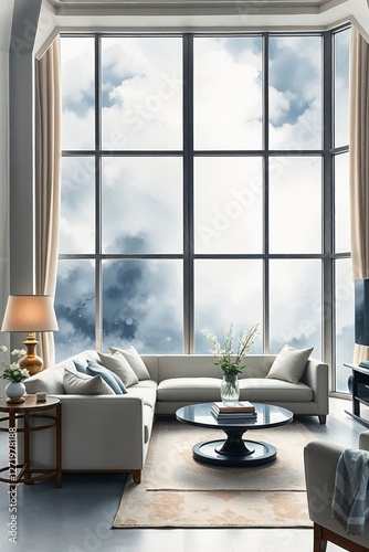 Modern living room with large windows minimalist furniture and neutral tones