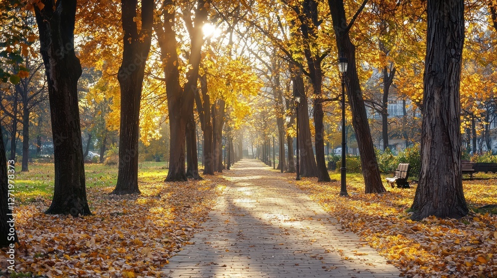 Obraz premium Autumnal Pathway: Golden Leaves and Sunlit Serenity