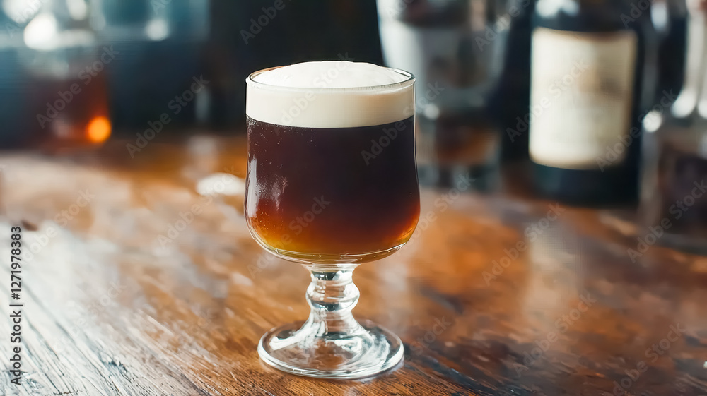 A glass of dark beer with a creamy foam sits on a wooden table, surrounded by blurred bottles in a cozy setting. A glass of dark beer with a creamy foam sits on a wooden table, surrounded by blurred bottles in a cozy setting.