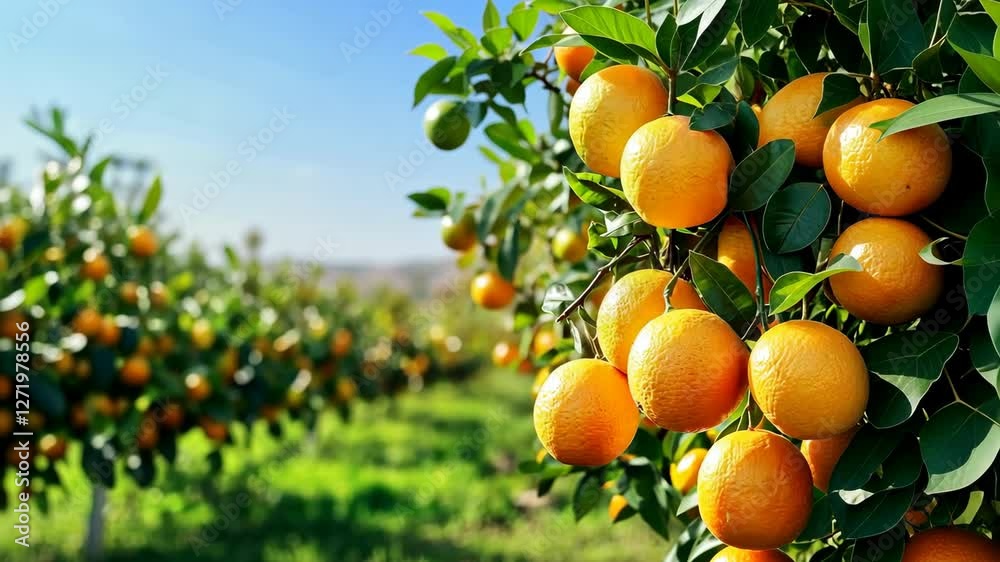 Oranges branch with green leaves on tree. Oranges growing on the orchard. Big fresh ripe orange fruits hanging on green natural blurred background of plantation. Picking. Citrus farm harvest. Sunlight