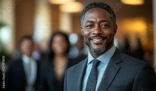 Smiling African American Businessman Standing in Front of Multiethnic Team – Diverse Leadership in Office