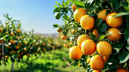 Oranges branch with green leaves on tree. Oranges growing on the orchard. Big fresh ripe orange fruits hanging on green natural blurred background of plantation. Picking. Citrus farm harvest. Sunlight