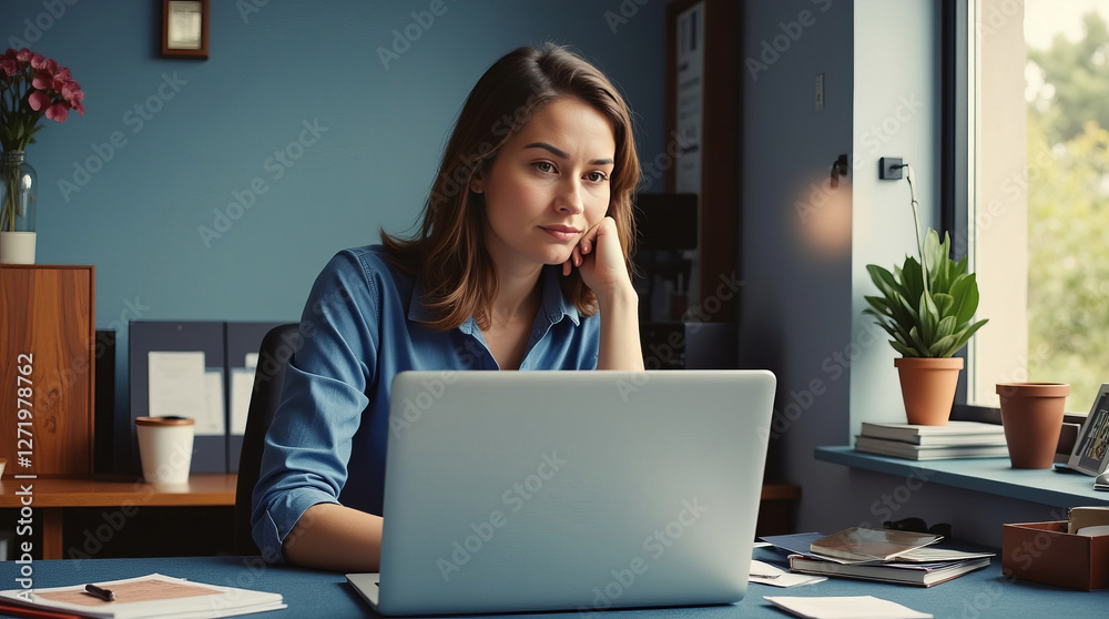 Young woman in blue shirt working on laptop in home office with plants and documents on desk, looking focused. Productive work environment Young woman in blue shirt working on laptop in home office with plants and documents on desk, looking focused. Productive work environment