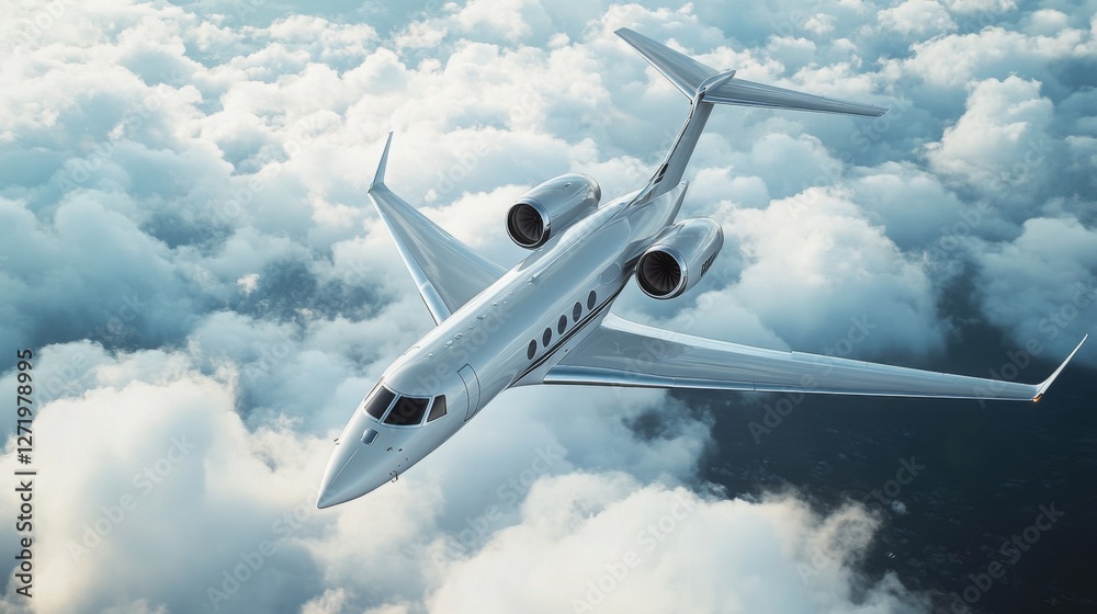 Obraz premium Luxury jet flying above fluffy clouds during daytime with a clear blue sky in the background