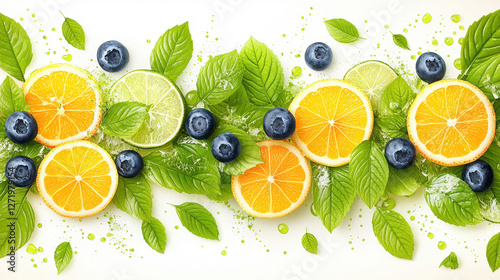 A vibrant arrangement of fresh oranges, limes, blueberries, and green leaves creates an enticing summer-inspired backdrop for health and wellness themes