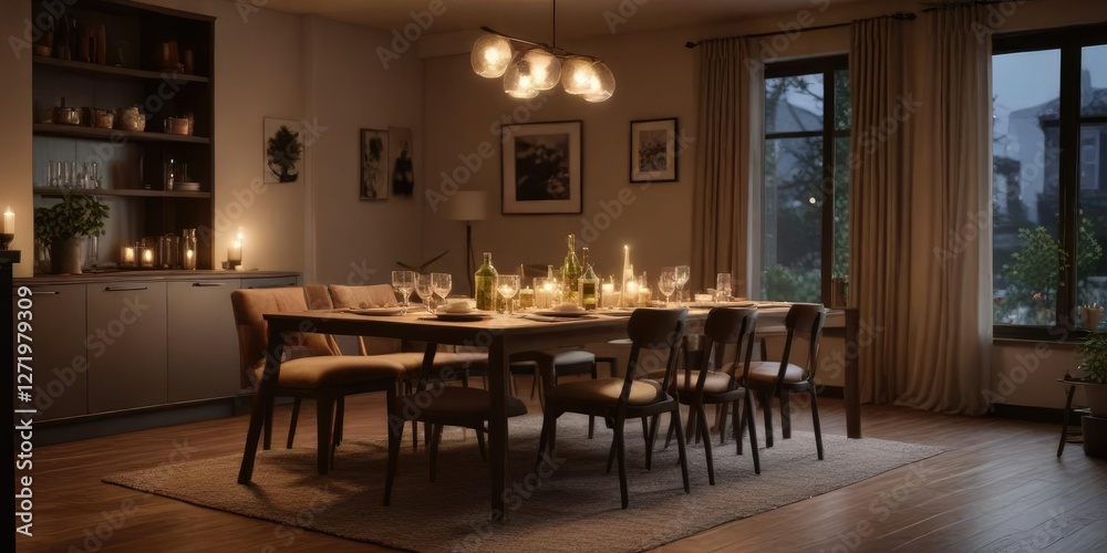 Obraz premium Cozy and intimate family dinner at home with soft lighting and comfortable seating , relaxing atmosphere, warm ambiance, quiet moment