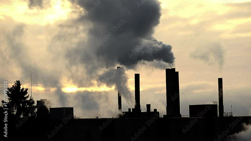 Gloomy silhouettes of factory pipe, chimneys at sunset with exhaust smoke, steam. Concept ecology, pollution, industry, smog, global warming.