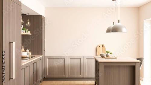 Modern Minimalist Kitchen Interior Design with Wooden Cabinets and Island