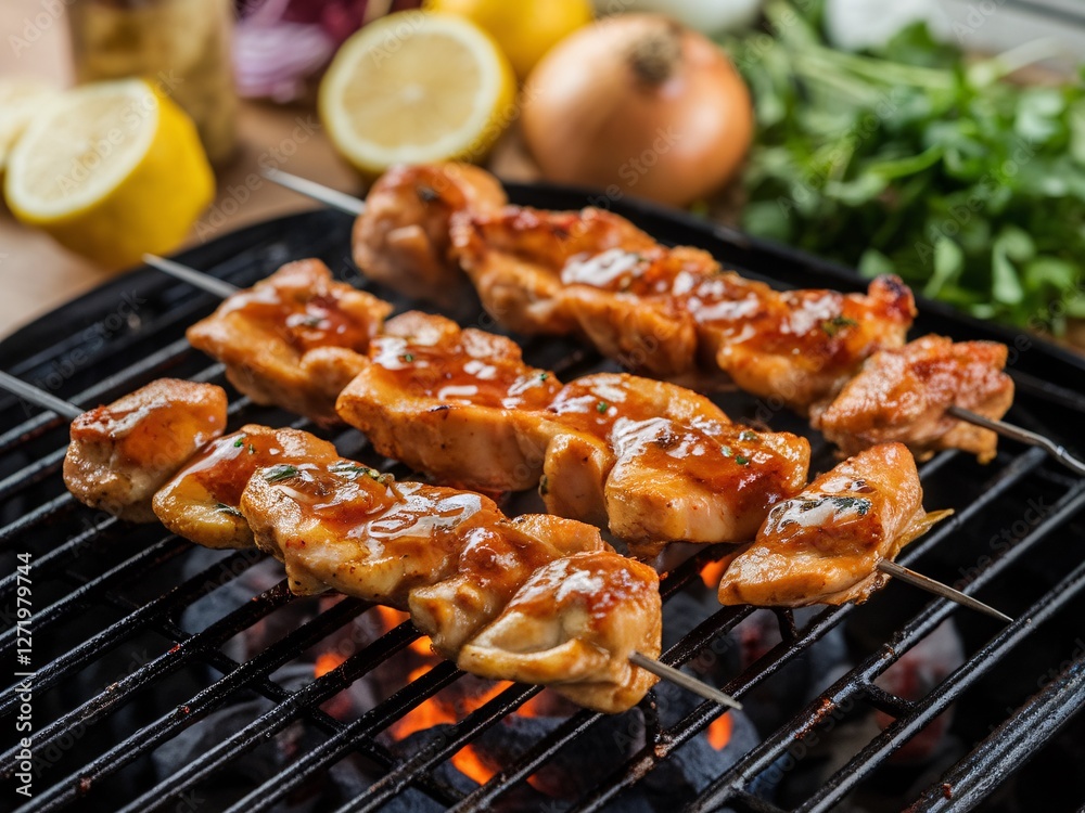 Grilled chicken skewers with sauce on a barbecue, surrounded by fresh vegetables and herbs. Grilled chicken skewers with sauce on a barbecue, surrounded by fresh vegetables and herbs.