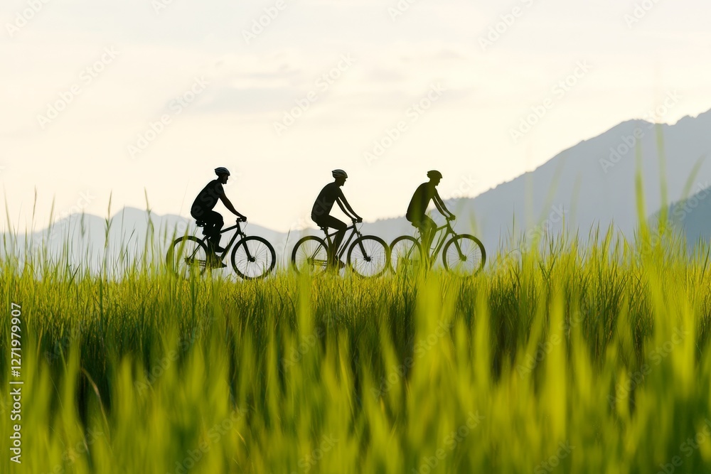 Cyclists riding in open field at sunrise with misty mountains in background symbolizing adventure outdoor fitness and healthy lifestyle in scenic natural landscape with golden morning light Cyclists riding in open field at sunrise with misty mountains in background symbolizing adventure outdoor fitness and healthy lifestyle in scenic natural landscape with golden morning light