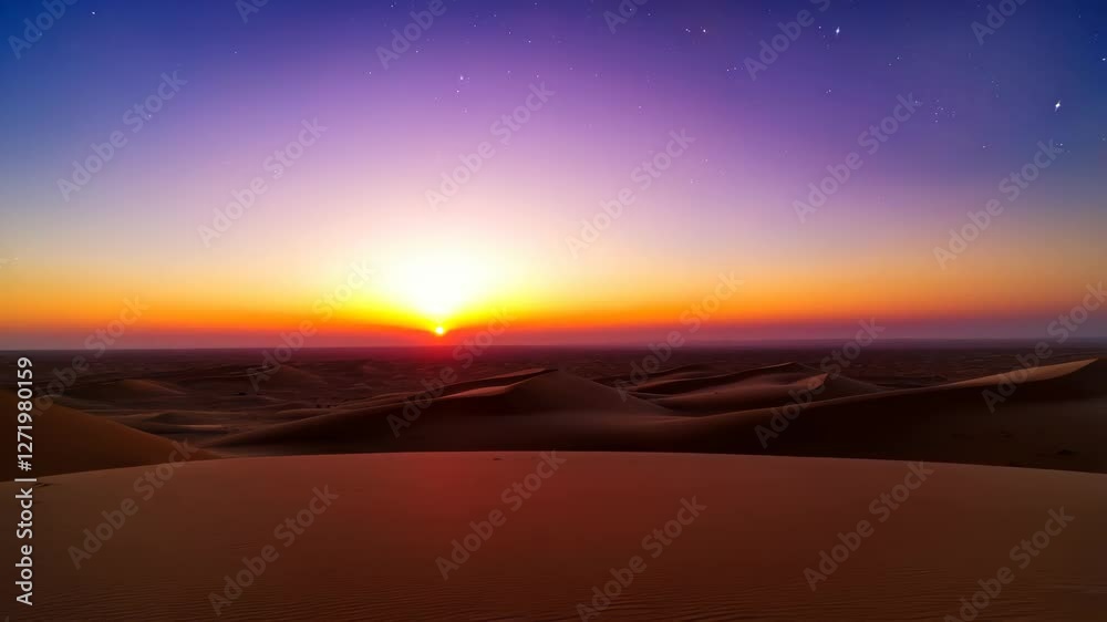 Golden sunlight flooding expansive desert landscape, casting warm orange, purple, pink tones across starry horizon during tranquil sunrise moment Golden sunlight flooding expansive desert landscape, casting warm orange, purple, pink tones across starry horizon during tranquil sunrise moment