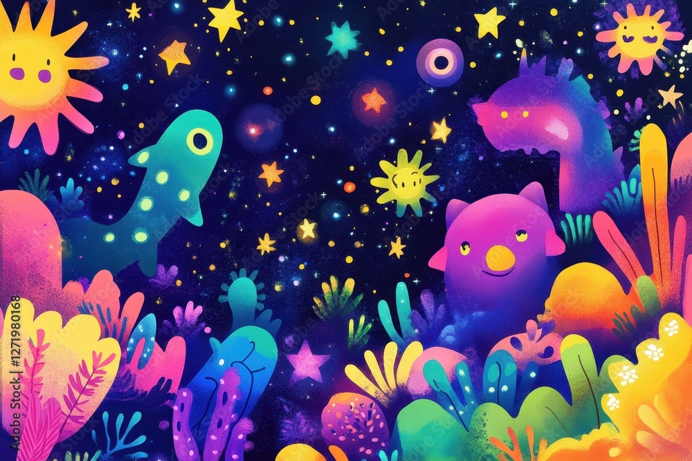 Fototapeta premium Colorful and bright cartoon scene with creatures under the stars