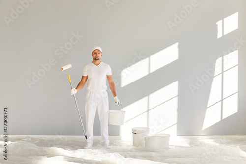 Focused and professional man, a painter in an apartment with a roller and bucket, engrossed in the process of renovation. His expertise in construction and precise brushwork transforms the walls. photo