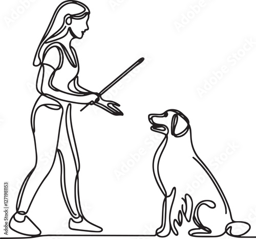 Minimalist Dog Training Illustration – Woman & Stick Line Drawing