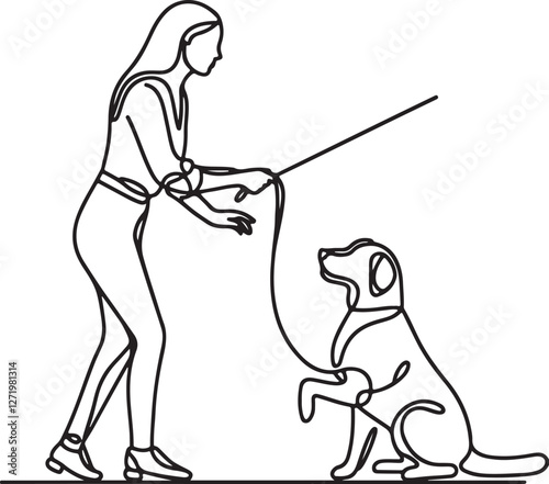 Minimalist Dog Training Illustration – Woman & Stick Line Drawing