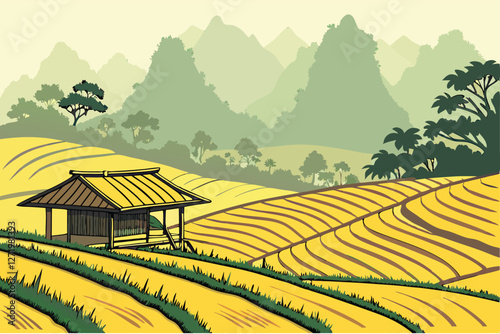  Stunning rural landscape, golden rice fields, traditional thatched hut, misty mountains in background, lush green valleys, dramatic karst peaks, ethereal morning light, Southeast Asian countryside,