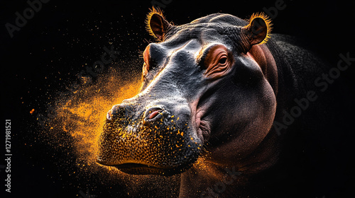 Hippopotamus portrait with golden dust particles enhancing the natural ruggedness of its skin, set against a stark black backdrop. photo