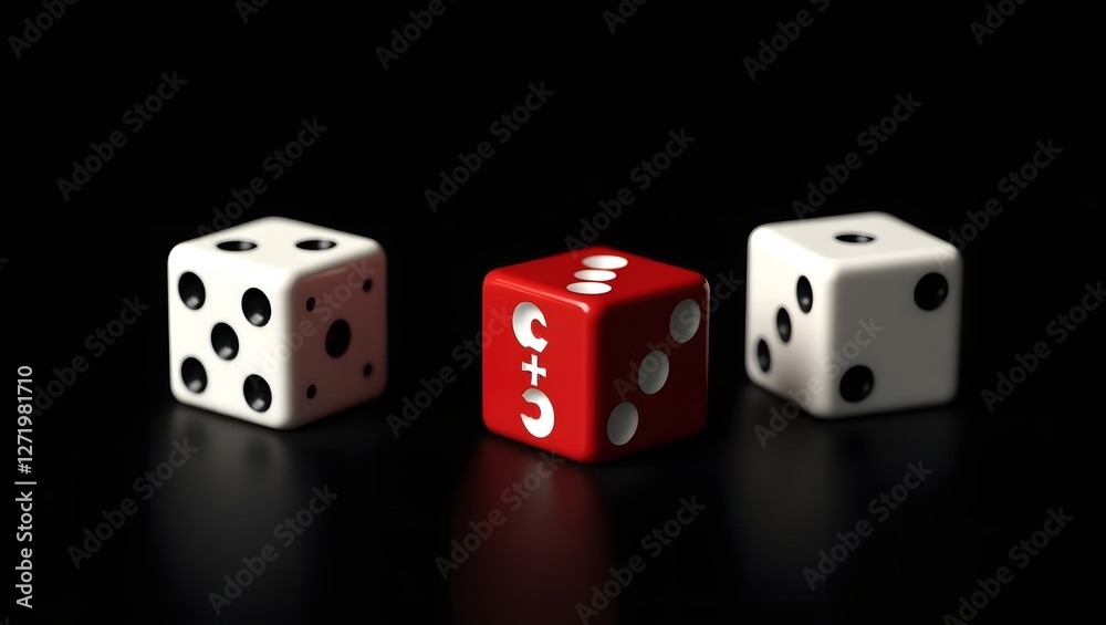 3D picture of three dices, two white and one red on a black background with reflection 3D picture of three dices, two white and one red on a black background with reflection