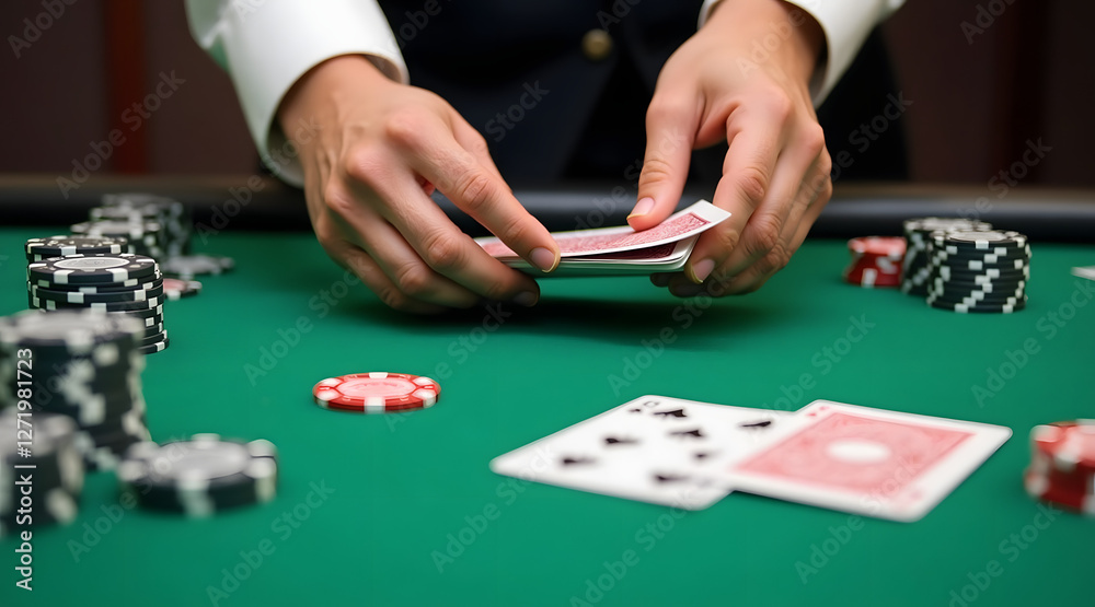 A dealer with light skin is shuffling playing cards at a casino table surrounded by poker chips, showcasing a moment of anticipation in a game setting A dealer with light skin is shuffling playing cards at a casino table surrounded by poker chips, showcasing a moment of anticipation in a game setting
