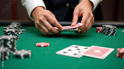 A dealer with light skin is shuffling playing cards at a casino table surrounded by poker chips, showcasing a moment of anticipation in a game setting