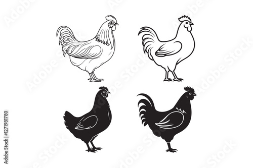 Hen Silhouette and Outline Clipart Set for Digital and Print Designs