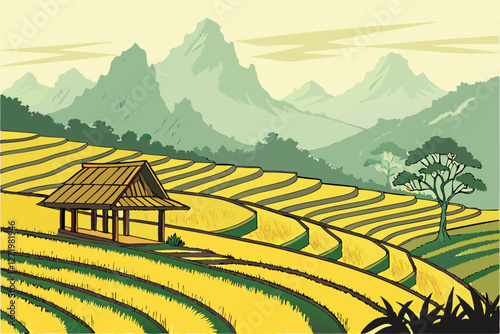  Stunning rural landscape, golden rice fields, traditional thatched hut, misty mountains in background, lush green valleys, dramatic karst peaks, ethereal morning light, Southeast Asian countryside,