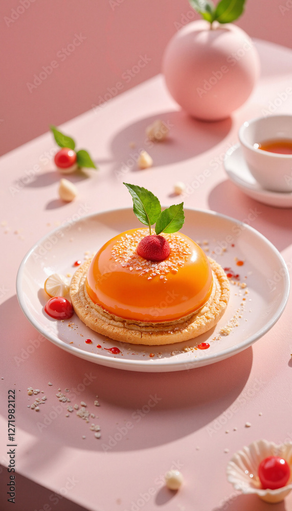 Elegant glazed dessert with fresh fruits in modern kitchen setting, culinary art Elegant glazed dessert with fresh fruits in modern kitchen setting, culinary art