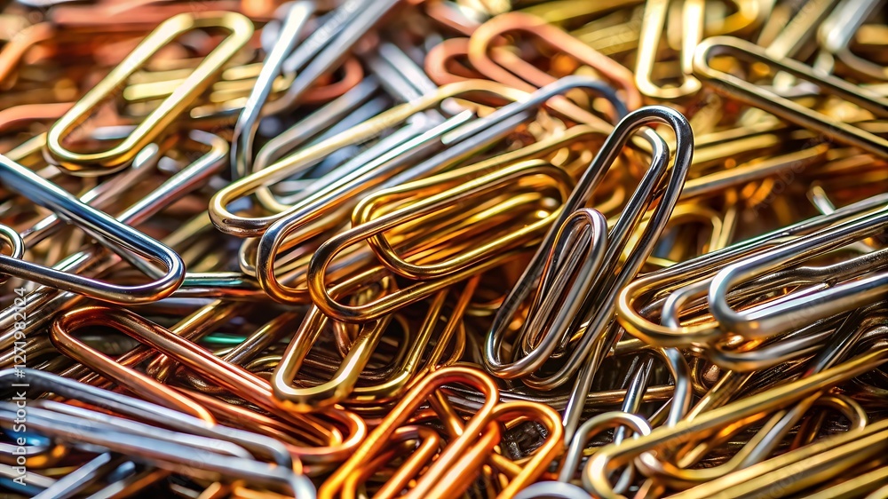 Metallic Paperclips in Bronze, Gold, and Silver Tones – Stylish and Organized Office Supply Close-Up with Intricate Reflections and Minimalist Design Metallic Paperclips in Bronze, Gold, and Silver Tones – Stylish and Organized Office Supply Close-Up with Intricate Reflections and Minimalist Design