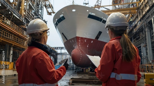 Two women in red and white safety gear are standing in front of a large ship photo